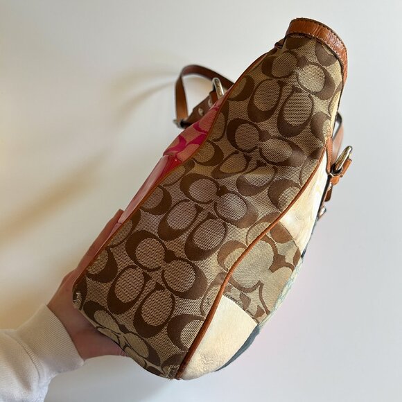 Vintage Y2K Coach Patchwork Pink Blue Leather Signature Print Shoulder Tote Bag - Picture 4 of 12
